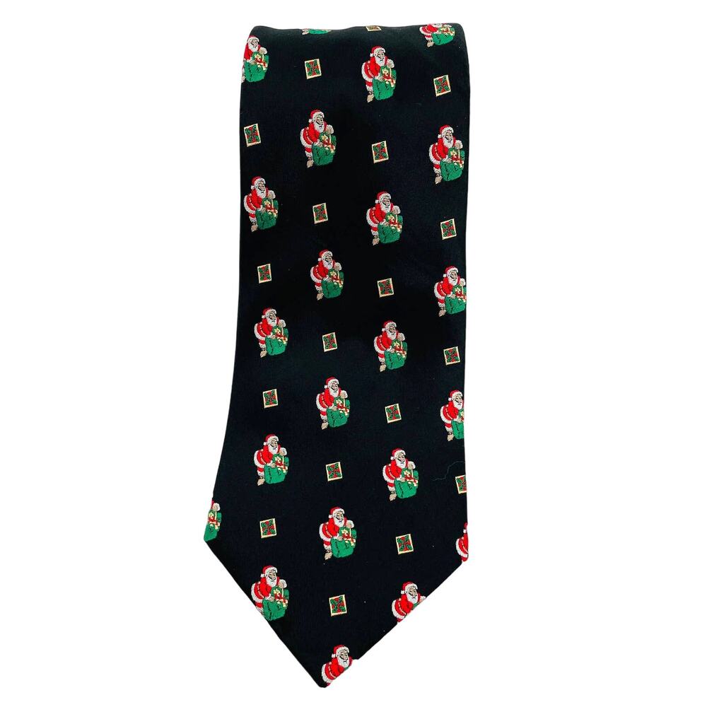 Van Heusen Black Red Green Xmas Holiday Santa Gift Bag Silk Mens Tie